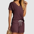 thumbnail image 3 of Womens 2 Piece Outfits Summer Short Sleeve V-Neck Blouses & Shirts Sets 2PC Women's V Neck Shorts Sleeve Two-piece Comfortable Home Pajamas Set Sports Set 2 Piece Set Wine s, 3 of 5