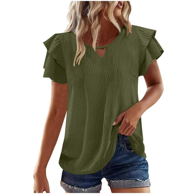 Admvng Hauts pour Femmes Printemps et Été Col Rond Manches à Volants Plissées Mi-Hautes S-2TG