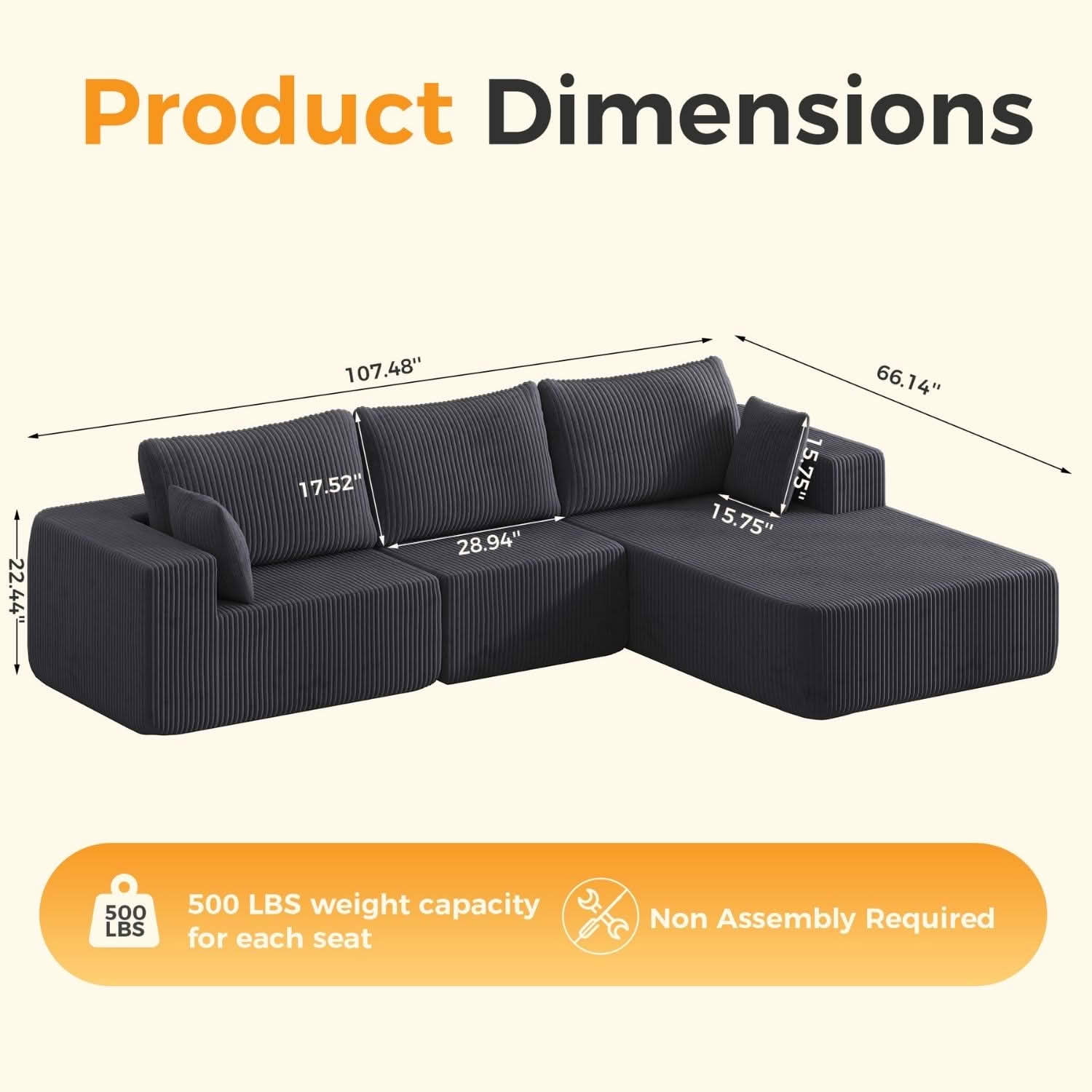 MAYEERTY 105IN Convertible Fluffy Sofa, 4‑Seat Memory Foam Modular Sectional Couch, Versatile Upholstered Free‑Combination Sofa for Living Room Bedroom Home Office Studio Apartment