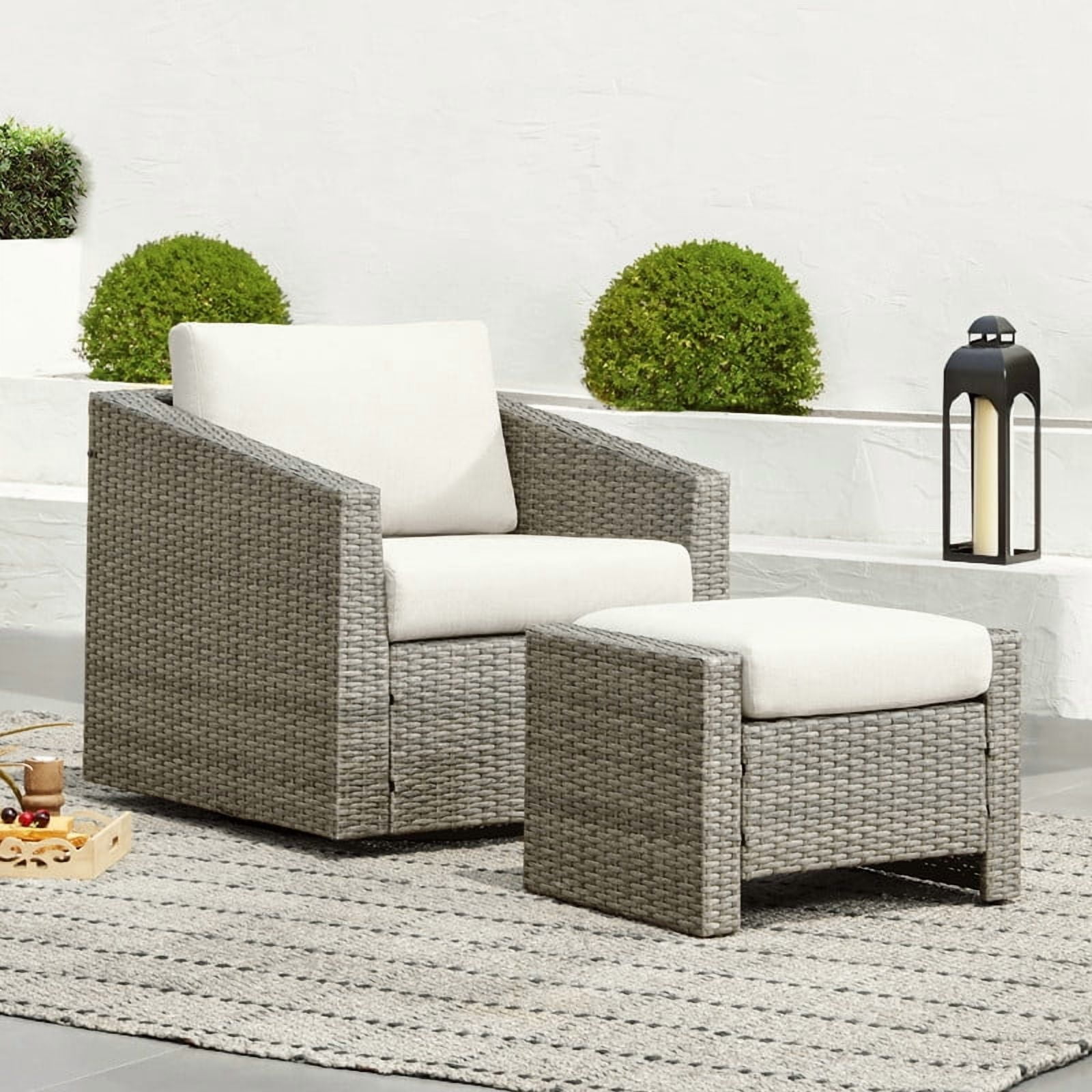 CHITA 2-Piece Outdoor Swivel Gray Wicker Chair with Cushion, Cream
