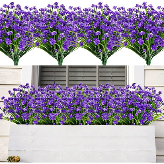 HESHENG 8 Bundles Artificial Flowers Outdoors UV Resistant Plastic Flowers Fake Plants Spring Flowers in Bulk for Indoor Outdoor Cemetery Home Wedding Vase Decorations, Dark Purple