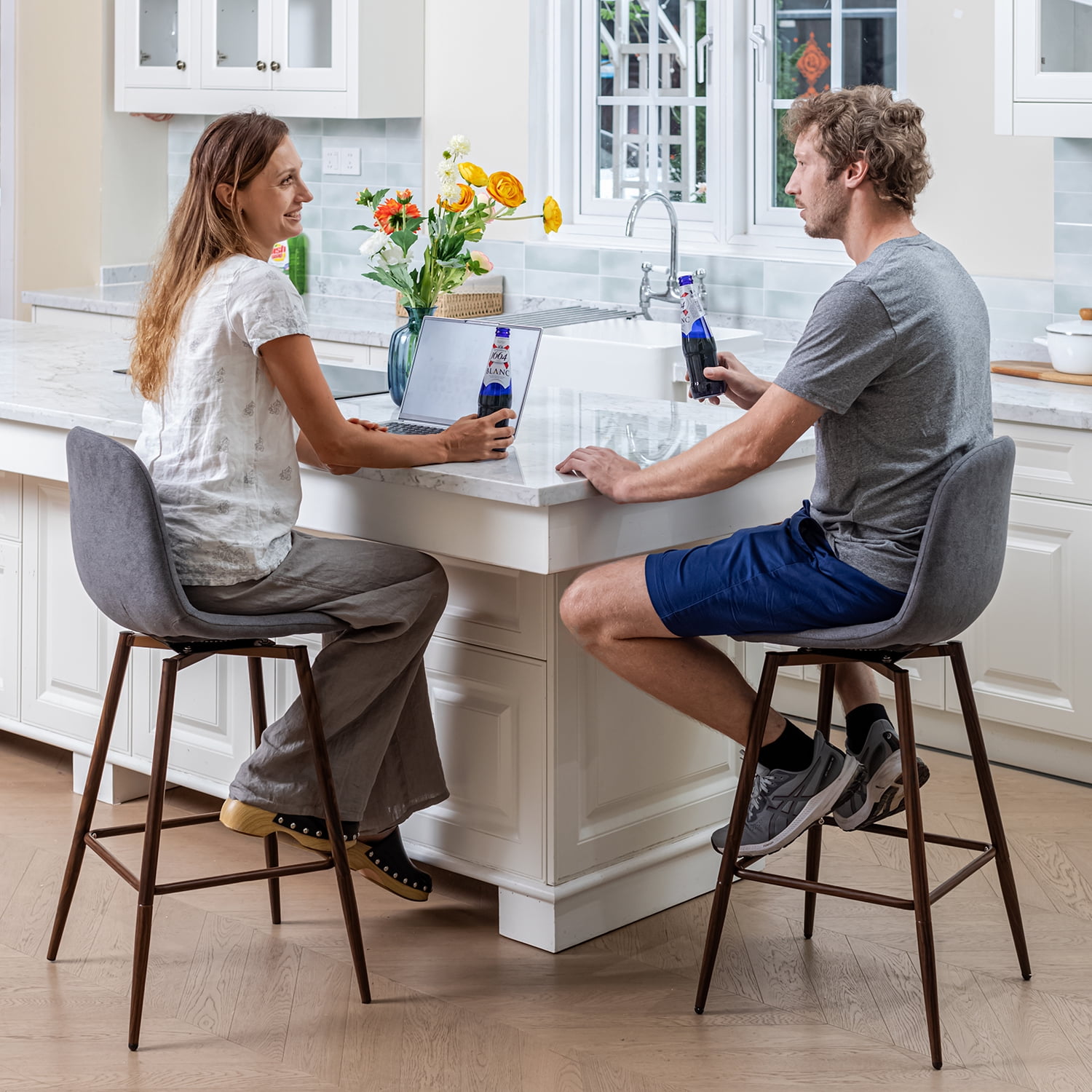 Homy Casa 26" Swivel Counter Height Bar Stools, Set of 2, Grey Fabric, Wood-Look Legs