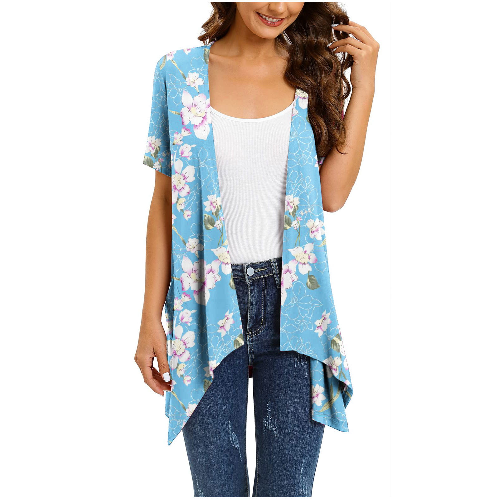 Savings Clearance Summer for Women Dressy, Women's Basic Solid Short Sleeve Drape Front Cardigan High Low Hem Tops Light Blue S # Best - Walmart.com