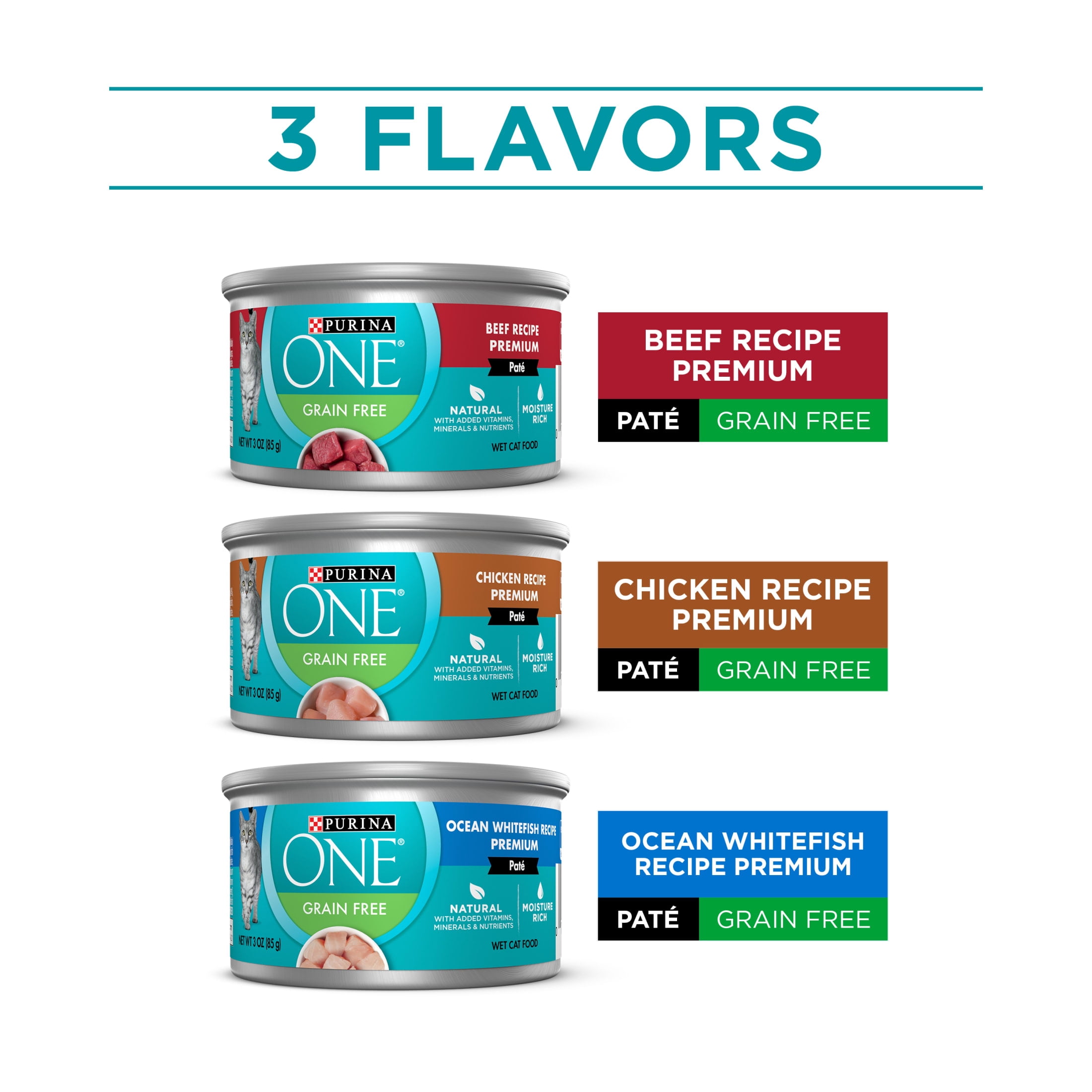 Purina ONE Grain Free, Natural Pate Wet Cat Food Variety Pack, Beef, Chicken and Ocean Whitefish Recipes - (2 Packs of 12) 3 oz. Pull-Top Cans
