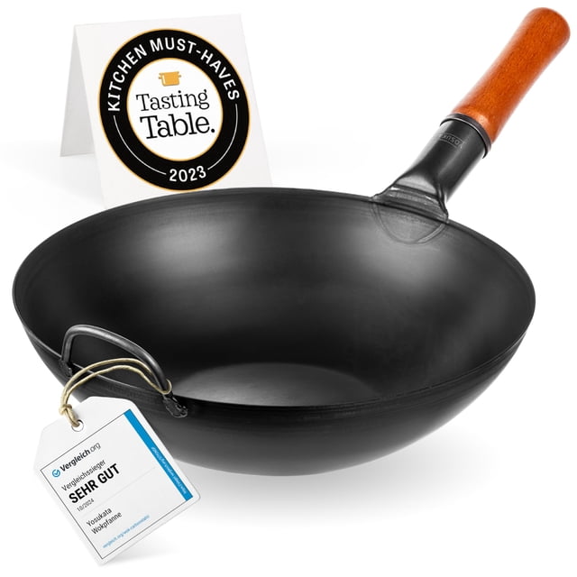 Sartén wok de acero al carbono YOSUKATA de 13.5" – Wok de fondo plano precurado para salteados, barbacoas, parrillas y camping – Utensilios de cocina tradicionales japoneses y chinos – Compatible con