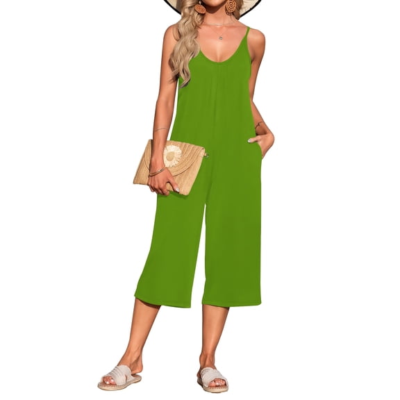OutfitShow Women Summer Sleeveless Spaghetti Strap Wide Leg Romper Jumpsuit with Pockets Casual Loose Fit