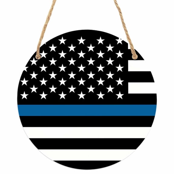 Blue White American Police Flag Round Front Door Welcome Sign, 5.9 Inch Wall Hanging Decor for Indoor Outdoor, Honoring Law Enforcement Officers Home Porch Hanger Decorations for Holiday Gift