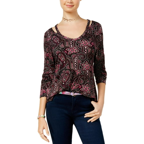 Ultra Flirt Womens Floral Print Cold Shoulder Pullover Top Red S