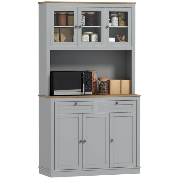 71" Grey Kitchen Pantry Cabinet with Microwave Space, Buffet Hutch with Glass Doors, 2 Drawers & Adjustable Shelves, MDF Storage Organizer for Kitchen, Dining Room or Office