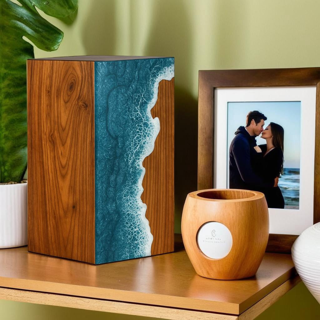Wooden Urns for Human Ashes Adult Cremation Urns for Human Ashes Ocean Wave Design Wooden Urn Box Memorial Cremation Urn Box for Human & Pet Ashes