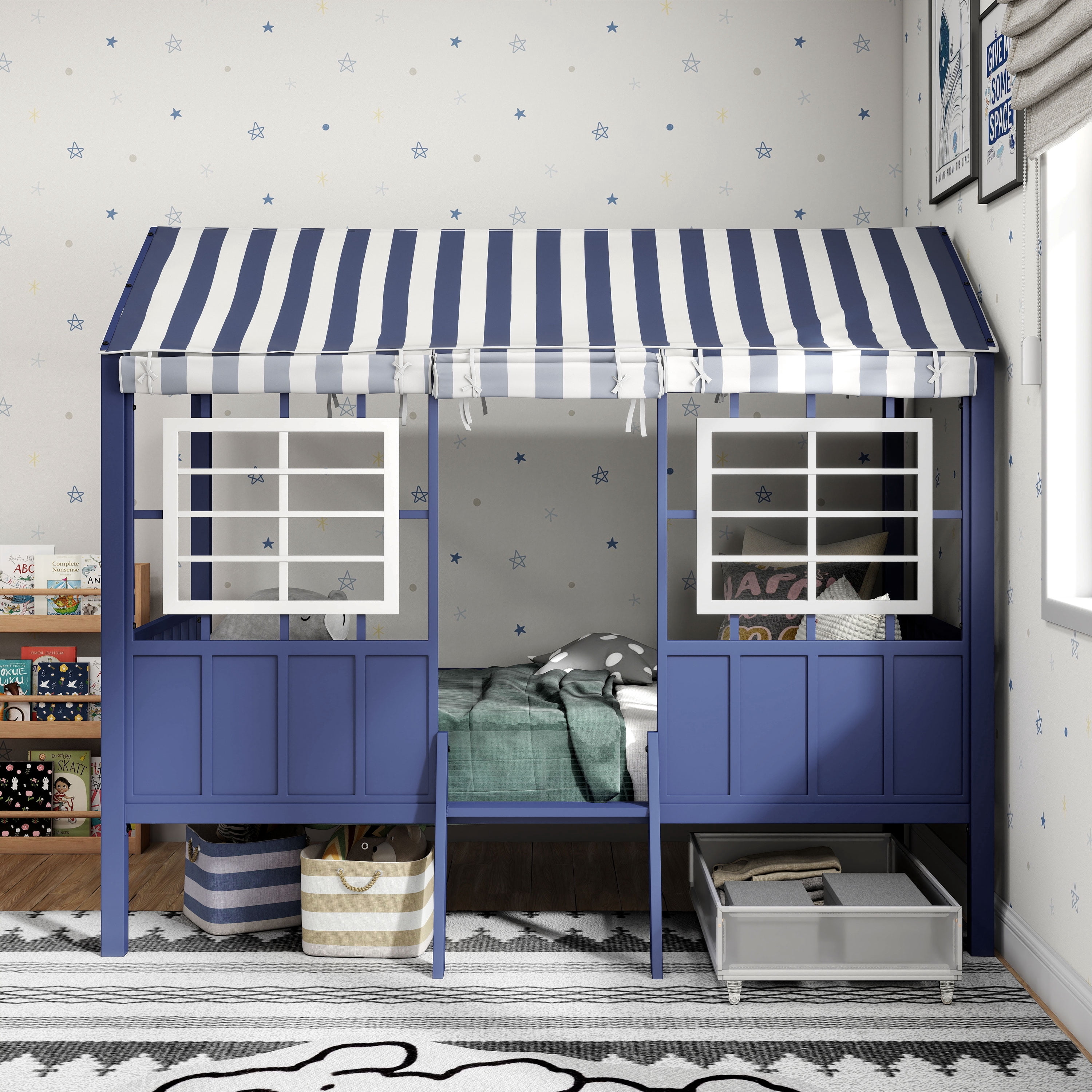 Furniture of America Little House Kids Metal Loft Bed with Guardrails, Blue and White, Twin
