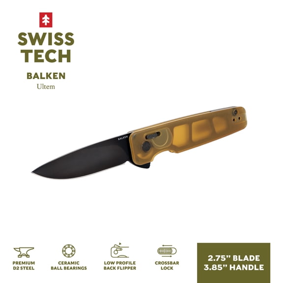 Swiss Tech Balken Folding Knife, Ultem, D2 Steel, Back Flipper, PEI, Ball Bearing