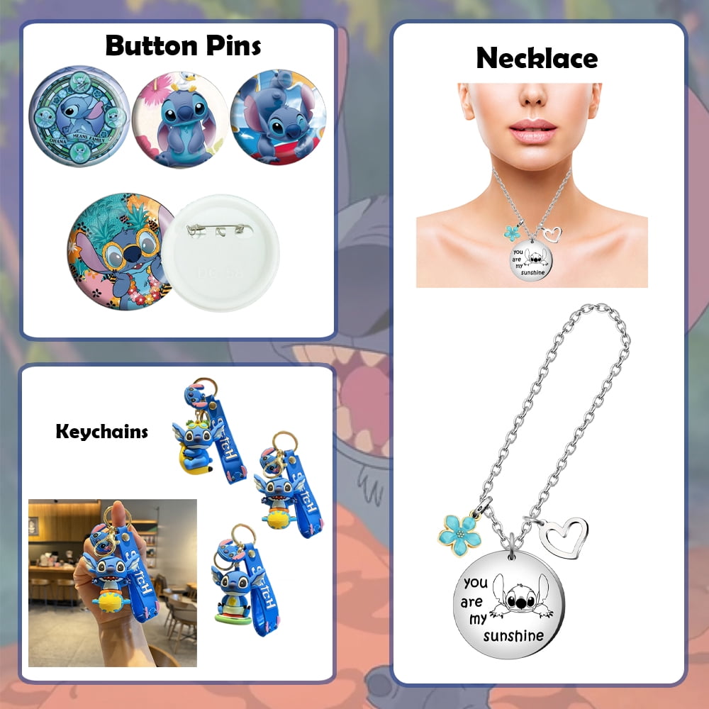 Stitch Merchandise Gift Set for Girls Cute Anime Accessories Including Drawstring Bag, Stickers, Lanyard, Necklace, Bracelet, Keychain, and Button Pins Perfect for Fans and Gifts