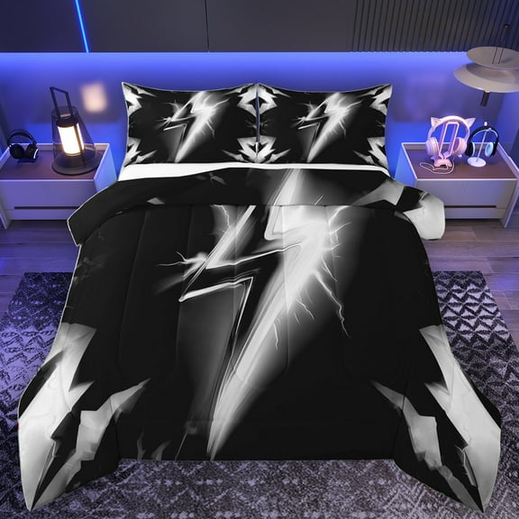 Homewish 3D Lightning Print Bedding Comforter Set,Cute Cartoon Pattern Twin Comforter Sets,Red Black Bedding Set For Kids,Breathable Home Decor Reversible,2-Piece