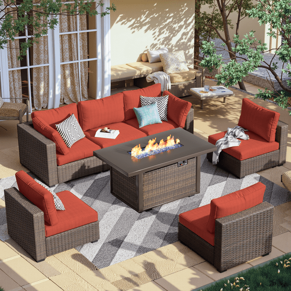 Gaildon 7 Piece Patio Furniture Set with Fire Pit Table, All Weather Outdoor Sectional PE Rattan, Patio Conversation Sets with Cushions for Garden Lawn Balcony Porch Deck, Red