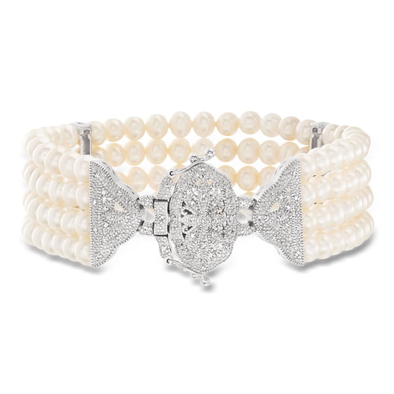 Ross-Simons 4.5-5mm Cultured Pearl and .15 ct. t.w. Diamond Multi-Strand Bracelet in Sterling Silver, Women's, Adult