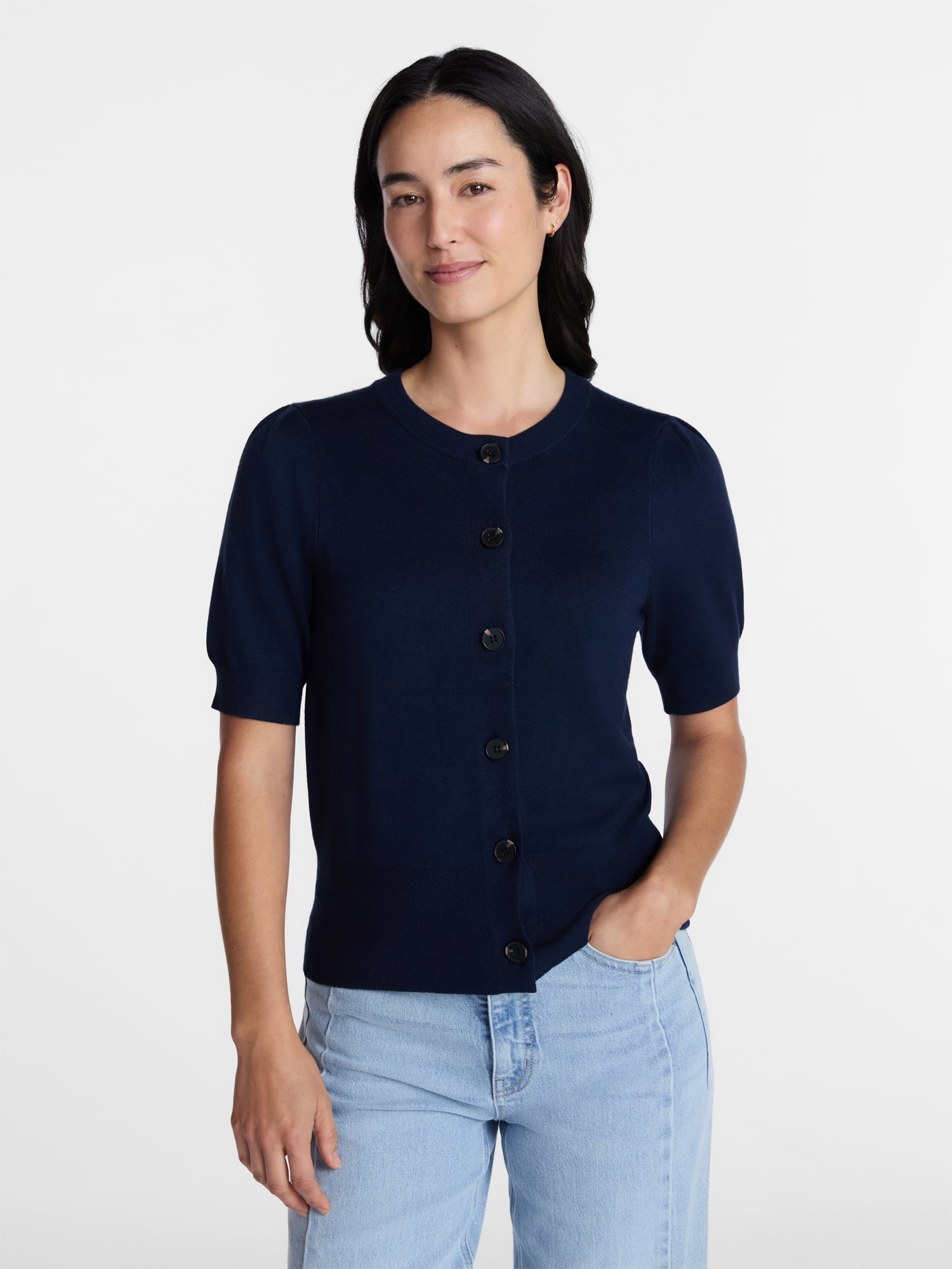Time and Tru Women's Crewneck Cardigan with Short Sleeves, Lightweight, Sizes XS-XXXL