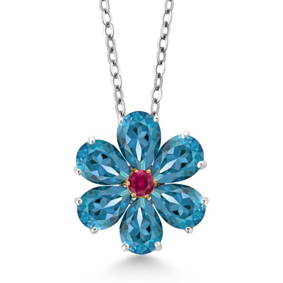 Gem Stone King 925 Silver and 10K Yellow Gold London Blue Topaz and Red Created Ruby Pear Shape Flower Pendant Necklace for Women (2.46 Cttw, Gemstone Birthstone, with 18 inch Chain)