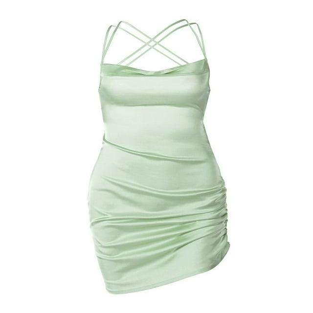 Women Boat Neck Sling Dress Lady Solid Color Sleeveless Backless Back Bandage Short Skirt Tan M