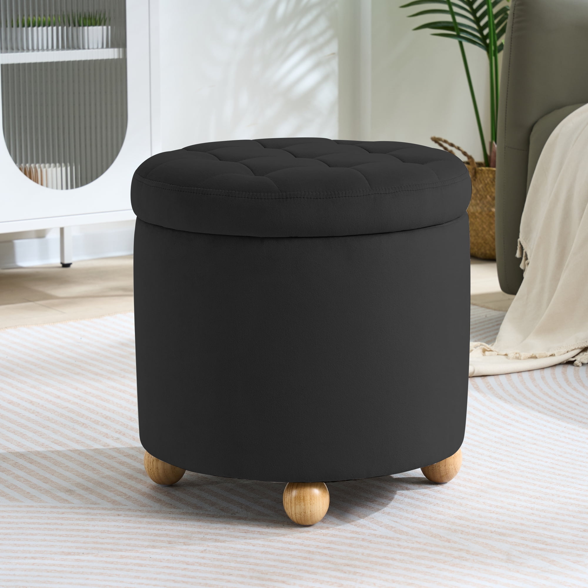 CoVibrant Modern Round Velvet Tufted Storage Ottoman with Reversible Tray Lid, Wooden Legs, Black, , 1-Pack, 17.52 in H x 17.72 in W