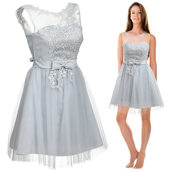 Short Lace Bridesmaid Dress Slim Prom Evening Dress for Wedding Pageant 1 Set (Grey Size S)