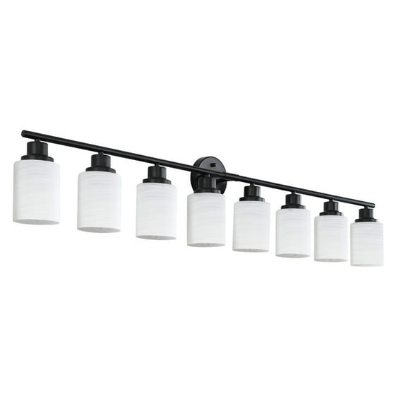52" Modern 8-Light Vanity Bathroom Light Fixture, Black Iron Frame with Frosted White Glass Shades, Wall Sconce for Mirror, Bedroom, Bathroom, or Dressing Room (Bulbs Not Included)