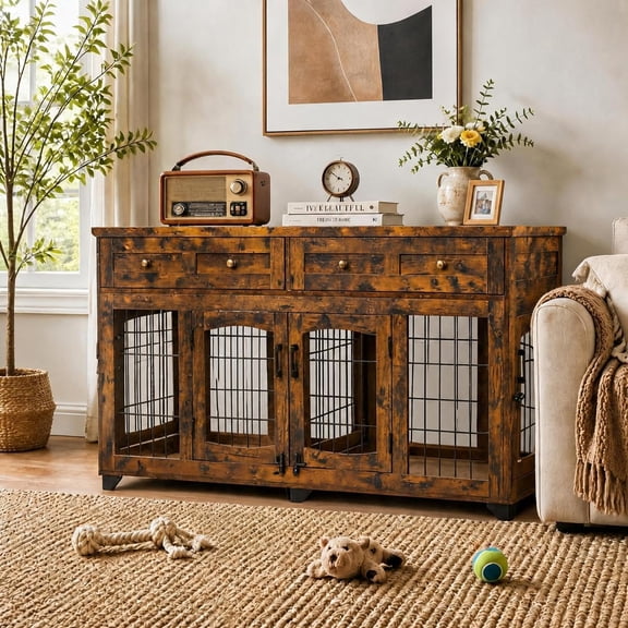 58‑Inch Farmhouse Double Dog Kennel Furniture with 4 Drawers, Removable Divider for Two Large Dogs