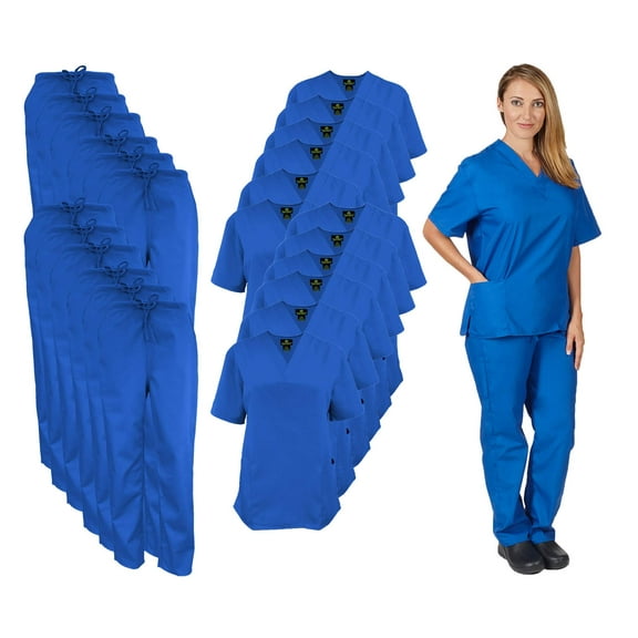 M&M SCRUBS Women Scrub Set V-Neck Medical Scrub Tops and Drawstring Pants - Pack of 12 Set (True Royal Blue, XX-Small)