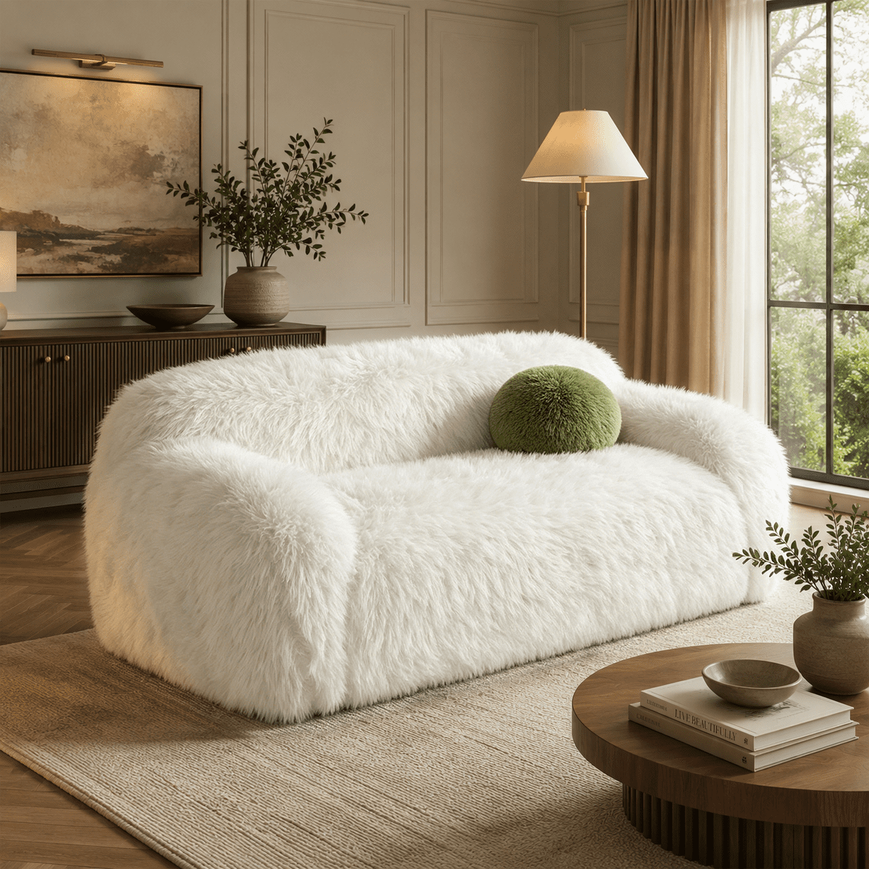 Aenkyo 67 Inch Plush Faux Fur Loveseat Sofa, 25 Inch Deep Seat 2-Seater Couch with Ball Pillow, White