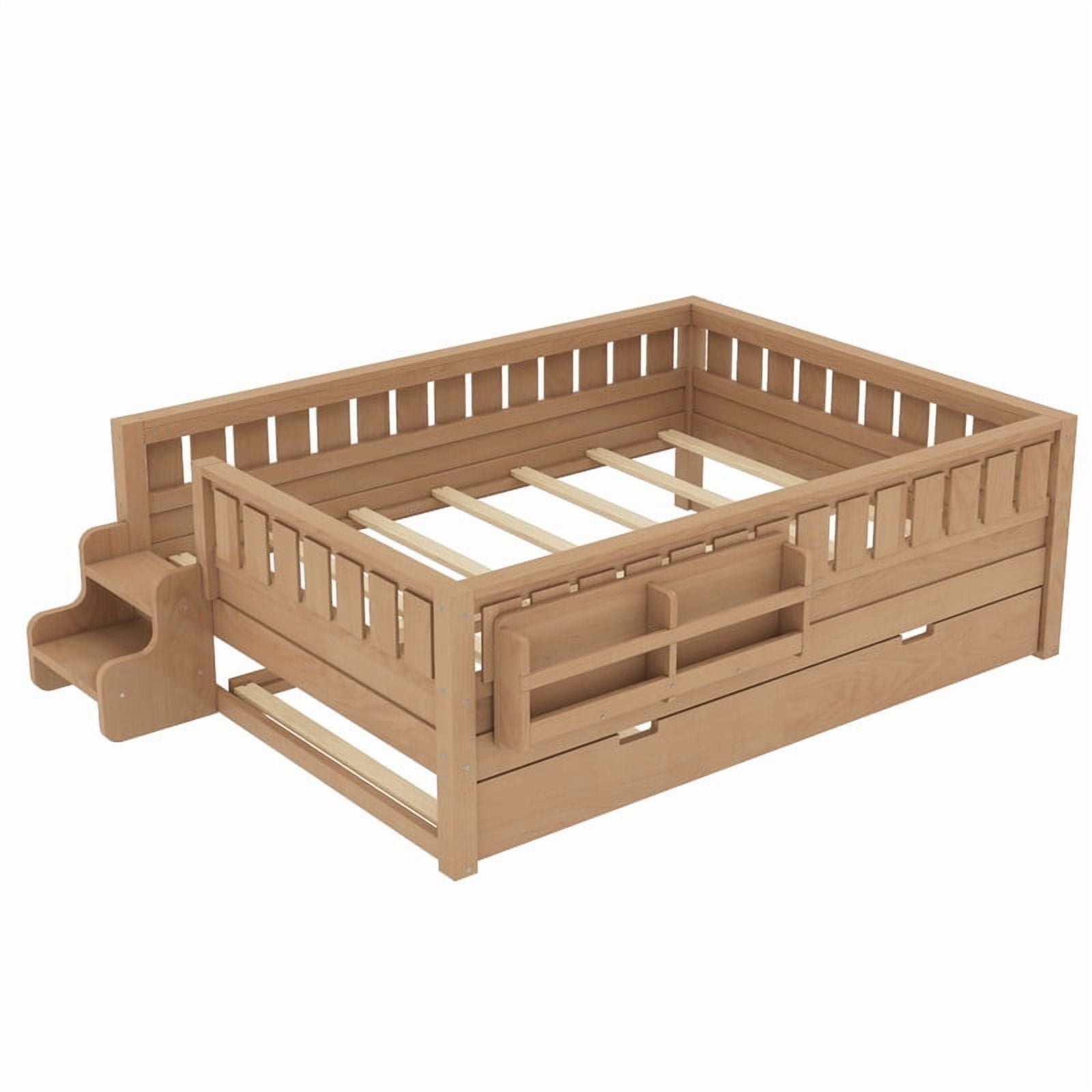 Bellemave Full Bed with Trundle and Small Stairs, Full Size Platform Bed Frame with Rail and Bookshelf, Wooden Montessori Floor Bed No Box Spring Needed,Natural