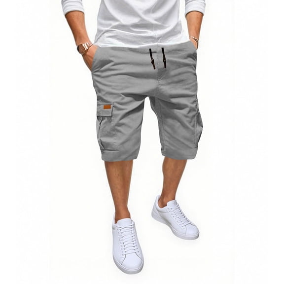 Ceisia Men's Solid Elastic Waist Multi Pocket Drawstring Sports Cargo Shorts Casual Five Quarter Pants Gifts for Father Gray 3X