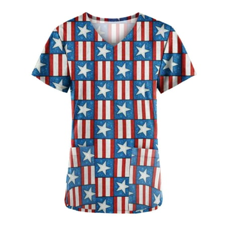 

Independence Day Nurse Scrubs for Women US Flag Print Scrub Top Medical Scrub Shirts Nursing Tops T Shirts with Pockets