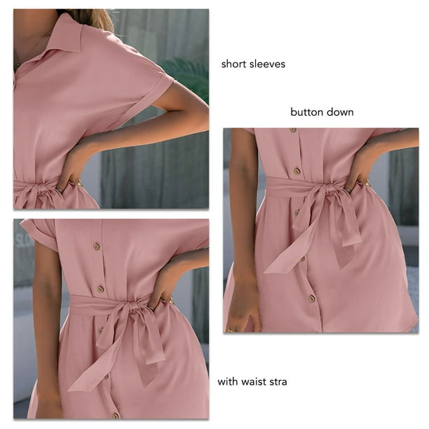 Vestido Camisero de Mujer Solapa de Color Puro Manga Corta con Botones en la Cintura Correa Vestido Informal de Verano para el Hogar Y la Oficina ANGGREK Otros