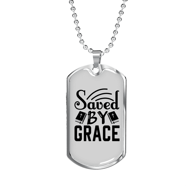 Saved By Grace Christian Necklace Stainless Steel or 18k Gold Dog Tag 24" Chain