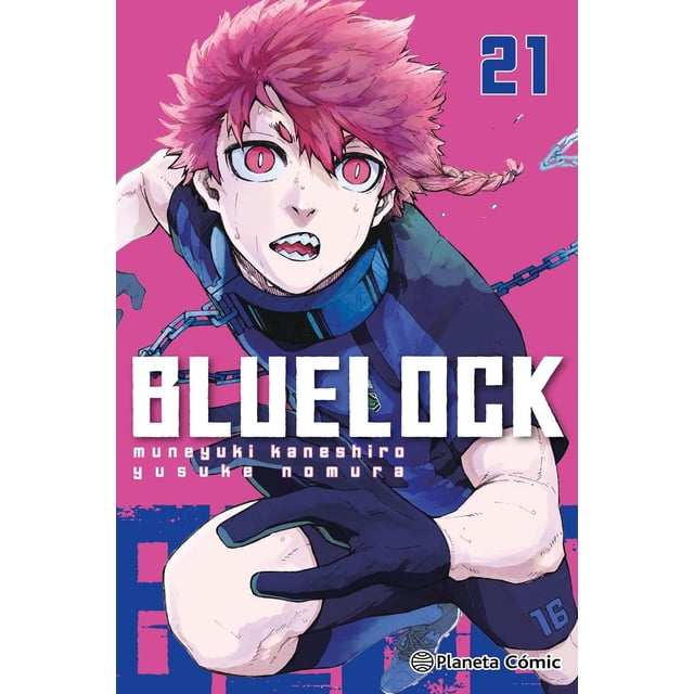 blue lock 21 editorial planeta mexicana sa de cv intermex revista no. 0001 portada manga con jugador de cabello rosado en primer plano sujetando un balón de fútbol, uniforme azul marino y guantes negros, número 16 visible en la pierna, fondo magenta con el número 21 en la esquina superior derecha y logo Planeta Cómic abajo a la derecha.