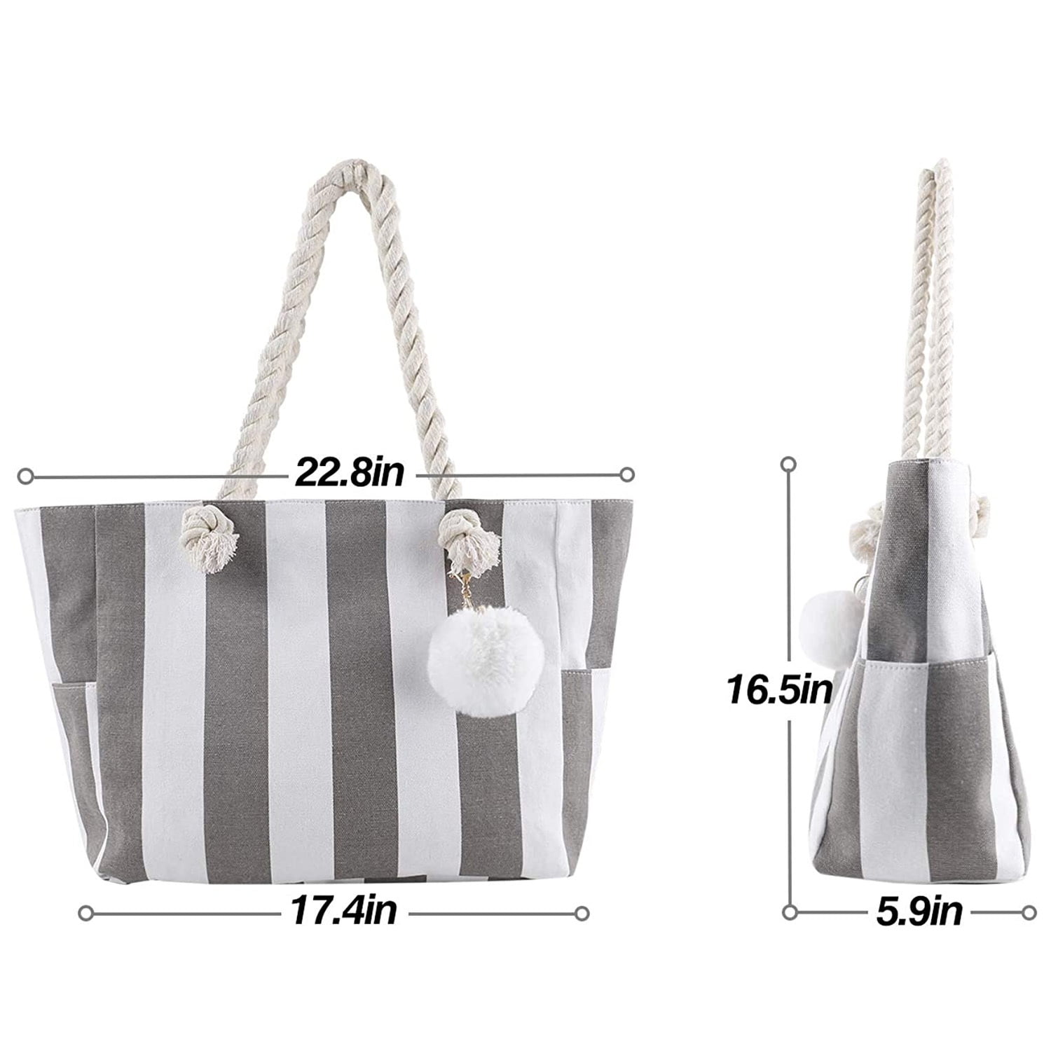 Extra Large Beach Bags Totes Women Waterproof Sandproof Big Tote Bag Zipper Inner Pockets Rope Handle Canvas with Zip Closure Swim Pool Gym Picnic Travel Weekend Accessorie Striped Grey Handbag Gifts