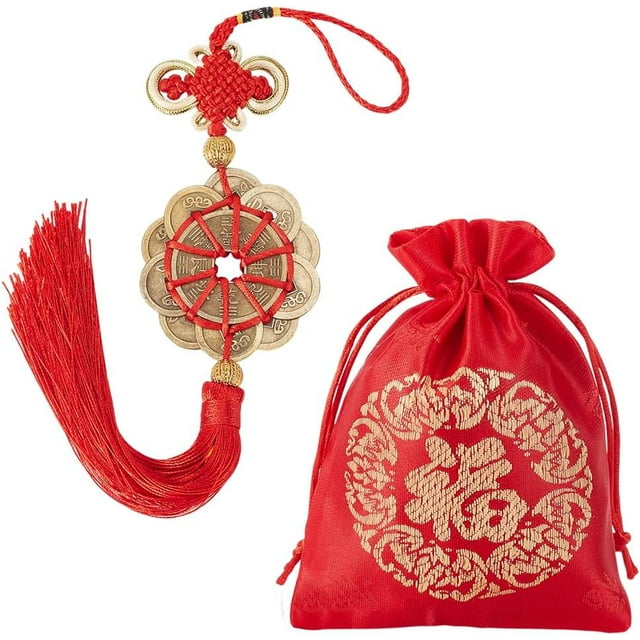1 juego de monedas con nudo chino rojo de la riqueza, moneda de cinco emperadores, para colgar en el dormitorio o el coche, adornos de buena fortuna, amuleto de la suerte y bolsa de bendición roja.