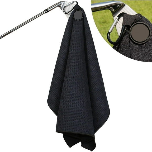 Magnetic Golf Towel-Max N52 Industrial Magnet with Rubber Cover and Carabiner, Top-Level Microfiber, Strong Hold to Golf Carts or Clubs, 24x16inch Lager Size, Functional and Durable&Black