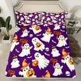 thumbnail image 2 of Manfei Cartoon Halloween Ghost Queen Sheet Sets,Boo Pumpkin Lantern Flat Sheet,Purple White Orange Queen Fitted Sheet For Teens,Microfiber Bedroom Decor,4 Pieces, 2 of 7