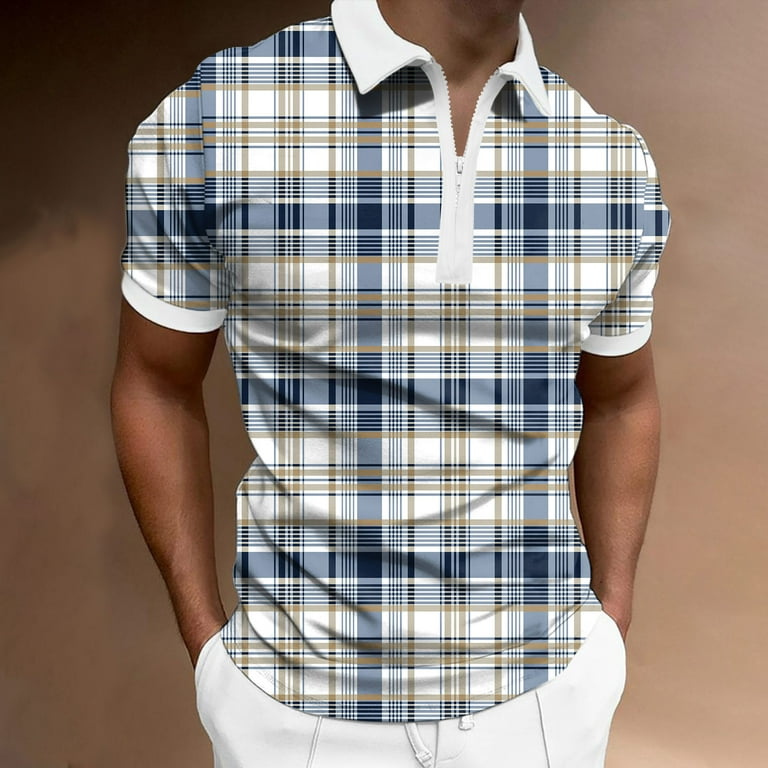 WANYNG polo shirts for men Summer Lapel Zipper Short Sleeve Printed T Shirt  Top mens shirt Khaki L 