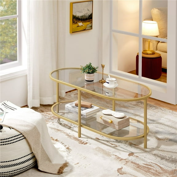 Wangbujianwang 42" Oval Glass Coffee Table for Living Room, 2-Tier Center Table with Storage Shelf for Small Space, Office,Gold