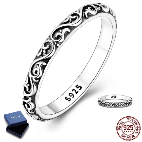 MULA 925 Sterling Silver Vintage Vine Stackable Ring for Women, 2.7mm Hypoallergenic Birthday Anniversary Gift with Box