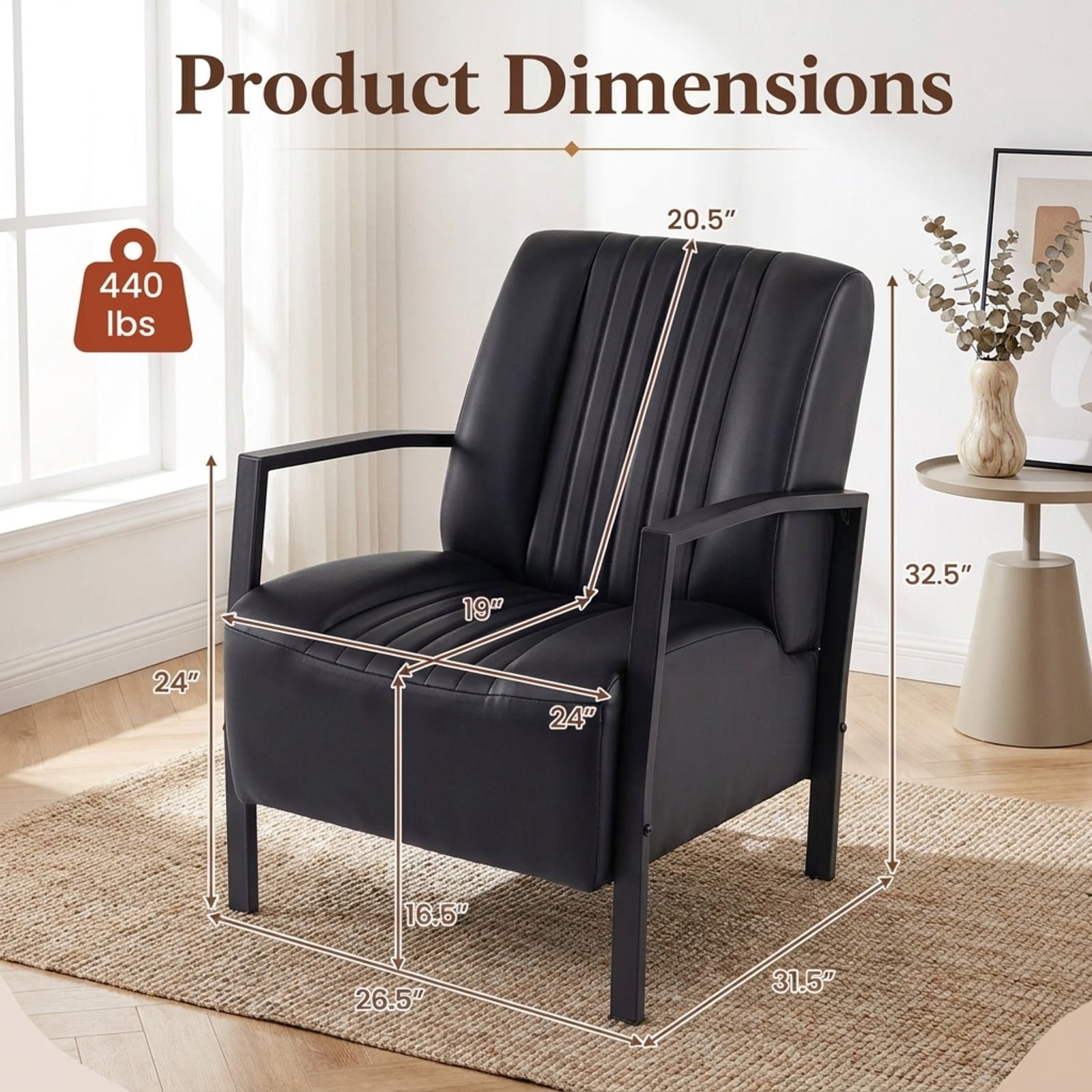 Furnibear PU Leather Upholstered Armchair with Padded Seat Back Ergonomic Support and Metal Legs Comfy Lounge Reading Chair for Living Room, Black