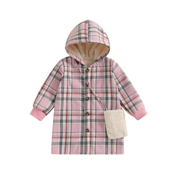 Toddler Girl Winter Coat Plaid Print Long Sleeve Hoodie Jacket and Crossbody Bag for Infant Baby Spring Fall Outwear