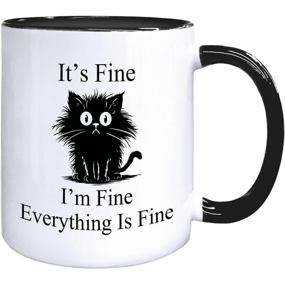 Black Cat Gifts Funny Coffee Mugs - Black Cat Mug, Funny Sarcastic Cats Coffee Teacup, Cat Lover Gifts for Women, I'm Fine Everything is Fine Ceramic CoffeeMug 11oz