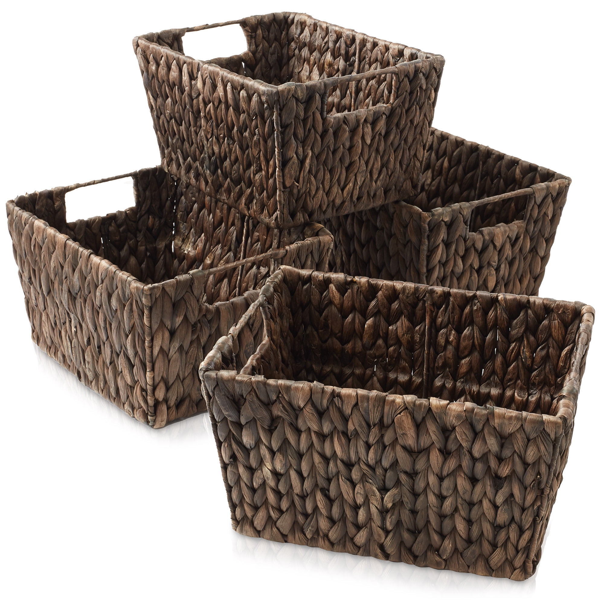 Casafield Set of 4 Water Hyacinth Storage Baskets with Handles - Espresso Brown, 12" x 9" x 6" Rectangular Storage Shelf Bins, Blankets, Laundry