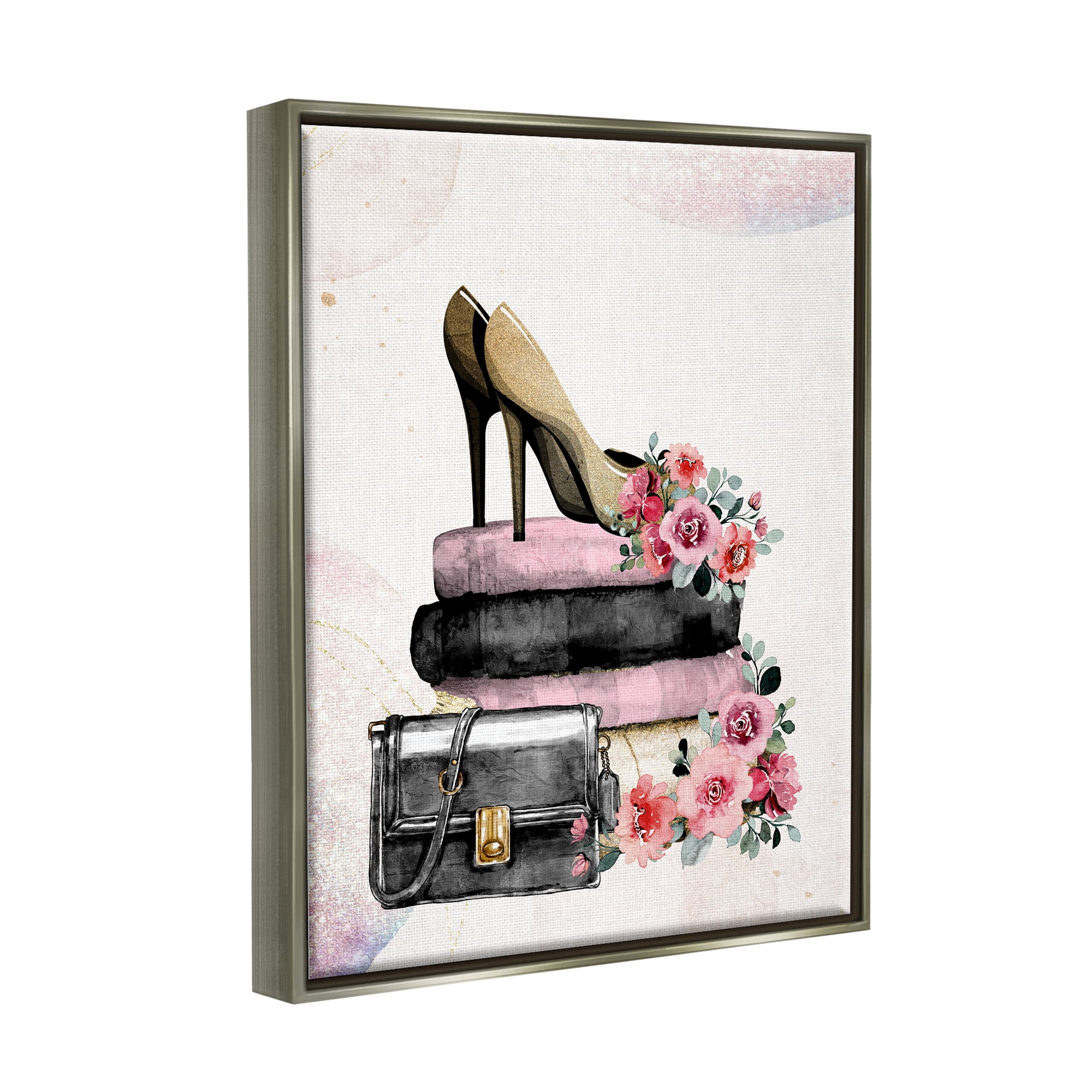 Stupell Industries Glam Floral Heels Botanical & Floral Painting Gray Floater Framed Canvas Art Print Wall Art, 17 x 21