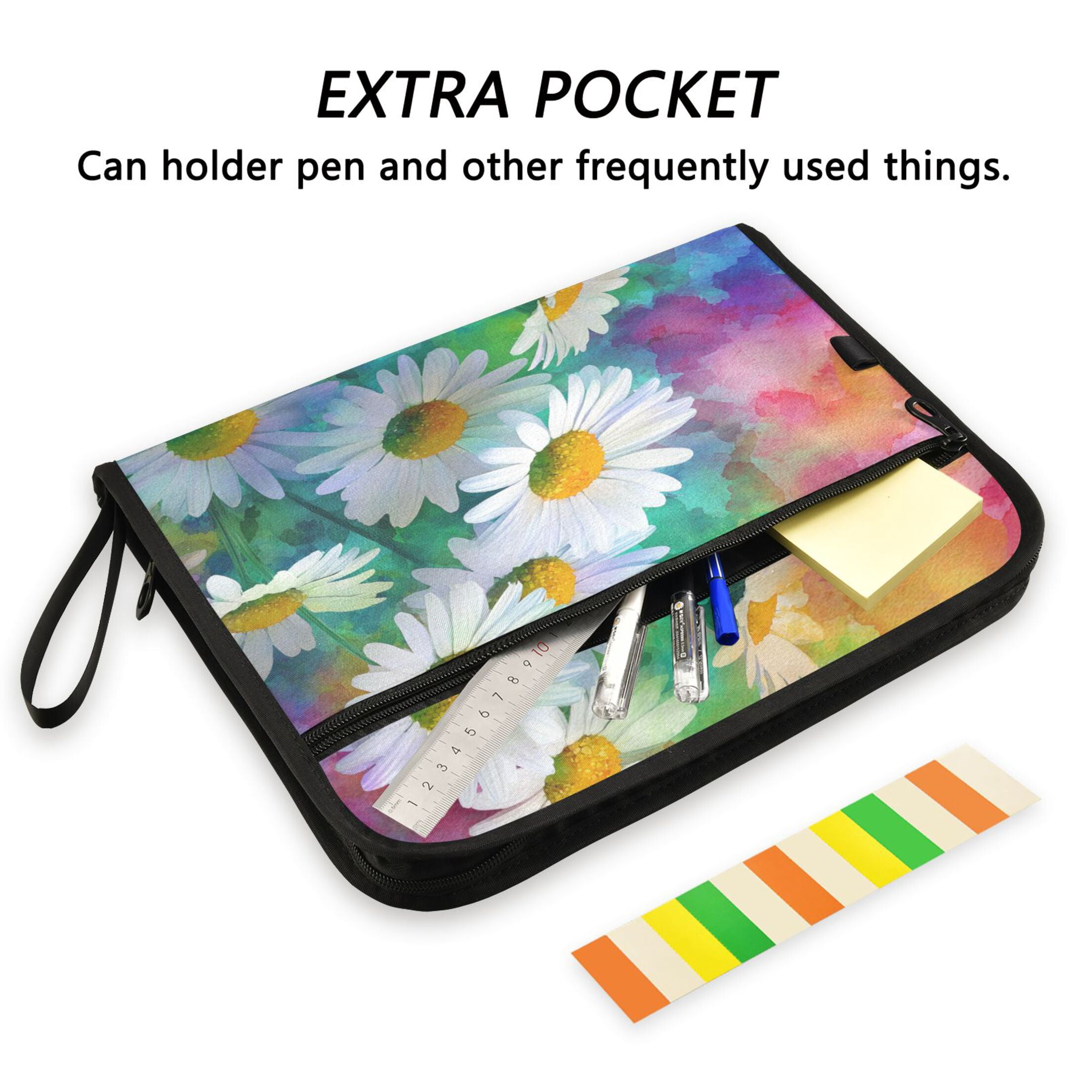 Accordion File Organizer with Zip Closure 13 Pockets Expanding File Folder Letter A4 Paper Document Organizer for Home Office Watercolor Daisies Pattern
