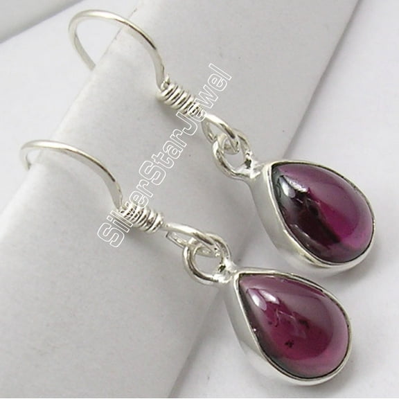 SilverStarJewel 925 Silver Natural Drop Cabochon Red Garnet Women's Well Made Earrings 1.1"