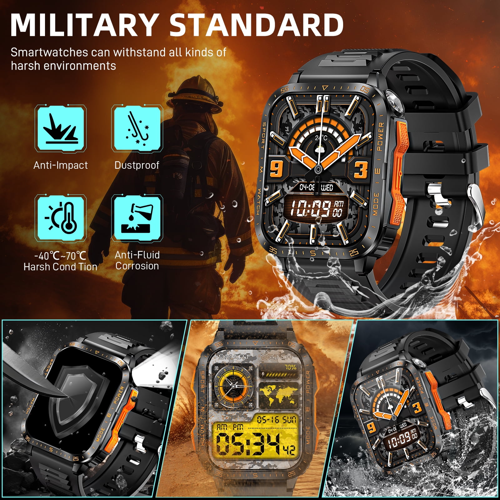 Cyberdyer Men's Smart Watch with LED Flashlight & UV Light, 1.96" HD Screen, 100+ Sports Modes, 3ATM Waterproof, 15-Day Standby, Compatible with iPhone & Android, Holiday Gift